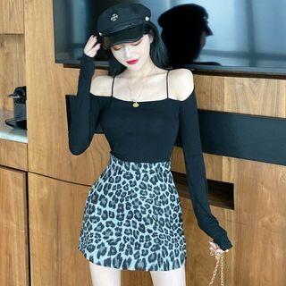 Off-shoulder Plain Suspender Long-sleeve Top