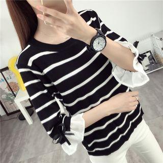 Frill Trim 3/4 Sleeve Striped Sweater