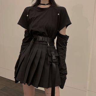Long-sleeve Cutout T-shirt / Mini A-line Pleated Skirt
