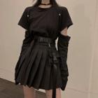 Long-sleeve Cutout T-shirt / Mini A-line Pleated Skirt