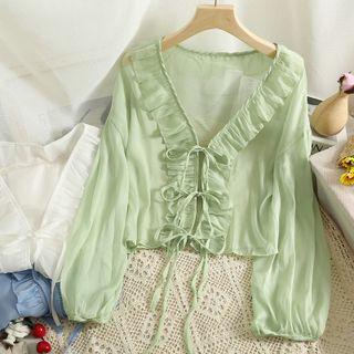 V-neck Plain Ruffle Bow Cardigan