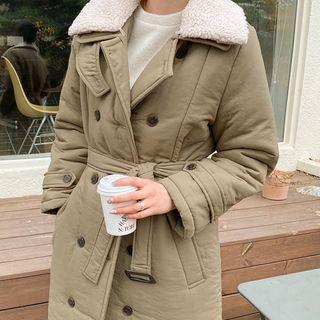 Plus Size Fleece-collar Padded Coat With Belt