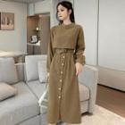 Button Belted Midi A-line Dress