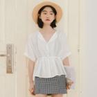 Elbow-sleeve Frill Trim Buttoned Top