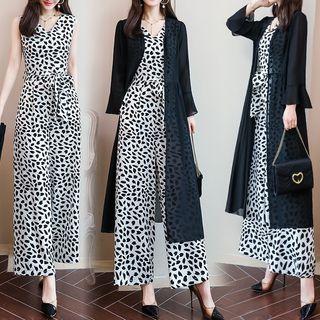 Set: Open Front Long Light Jacket + Leopard Print Sleeveless Wide-leg Jumpsuit
