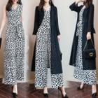 Set: Open Front Long Light Jacket + Leopard Print Sleeveless Wide-leg Jumpsuit