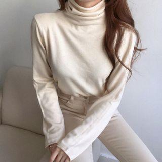 Long-sleeve Mock Neck Plain Knit Sweater