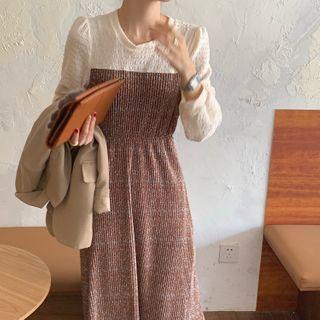 Mock Two Piece Long-sleeve Shirred Velvet Dress