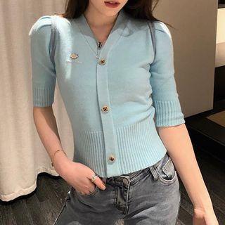 Embroidered Elbow-sleeve Knit Top Purple - One Size
