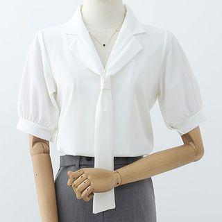 Short-sleeve Collared Mock-tie Chiffon Blouse