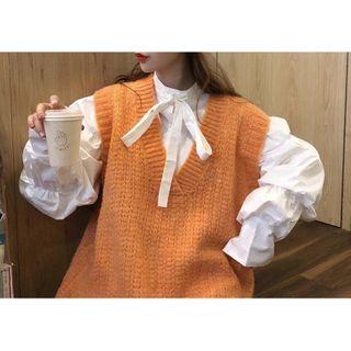 Set: Lantern-sleeve Blouse + Knit Vest