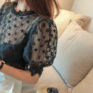 Puff-sleeve See-through Lace Blouse