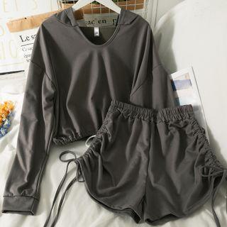 Set: Tie-hem Hooded Crop Top + Drawstring-side Shorts