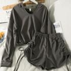 Set: Tie-hem Hooded Crop Top + Drawstring-side Shorts