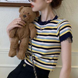 Short-sleeve Ruffle Trim Striped Knit Top