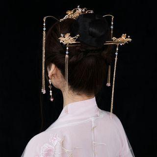 Set : Retro Phoenix Tiara + Fringed Earring Set - Crown & Earrings - Gold - One Size