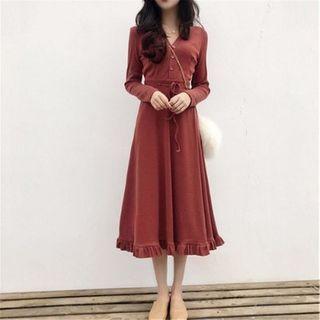 Ruffled V-neck Long-sleeve Midi A-line Dress