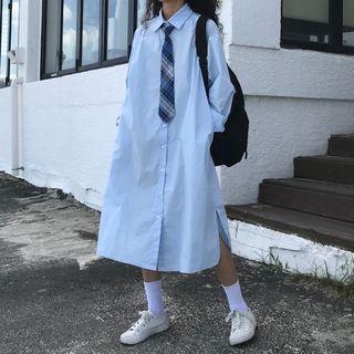 Long-sleeve Midi Shirt Dress With Tie Blue - One Size