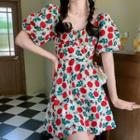 Puff-sleeve Floral Mini A-line Dress Red & Green - One Size