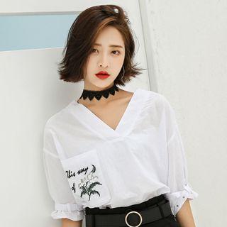 V-neck Embroidered Short-sleeve Chiffon Top