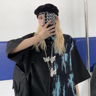 3/4 Sleeve Panel Tie Dye Loose-fit Shirt