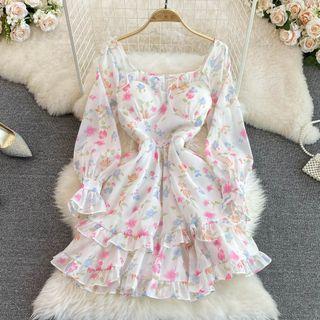 Ruffle Floral Print Tiered Chiffon Dress