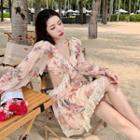 Long-sleeve Floral Lace Trim Cutout A-line Dress