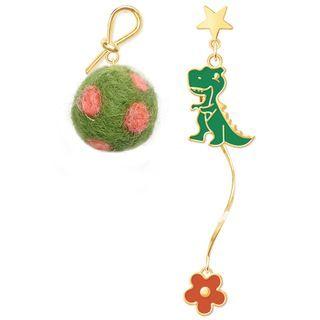 Non-matching Alloy Dinosaur & Pom Pom Dangle Earring