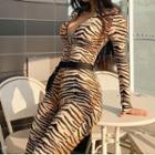 Long-sleeve Tiger Print Jumpsuit