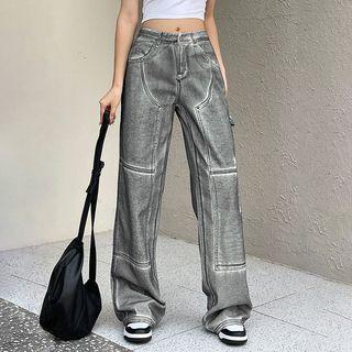 Low Waist Washed Paneled Straight-fit Wide-leg Pants