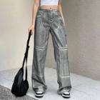 Low Waist Washed Paneled Straight-fit Wide-leg Pants