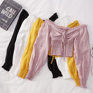 V-neck Ruffled-trim Smocked Crop Top