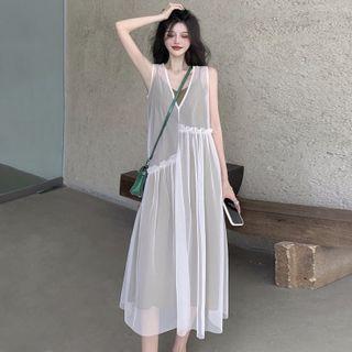 Set: Sleeveless V-neck Ruffle Trim Mesh Sheer Dress + Spaghetti-strap Plain Dress Khaki - One Size