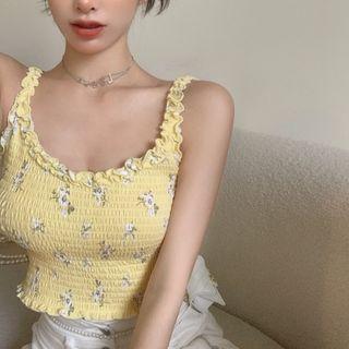 Sleeveless Floral Print Slim-fit Top Yellow - One Size