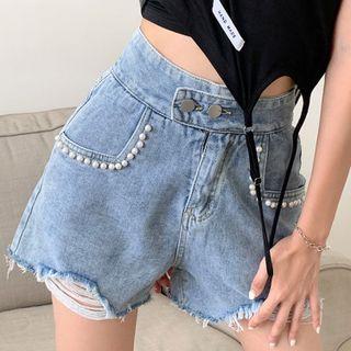 Faux Pearl Trim Distressed Denim Hot Pants