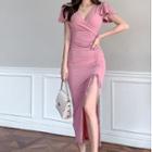 Flutter Sleeve Ruched Side Knit Midi Dress