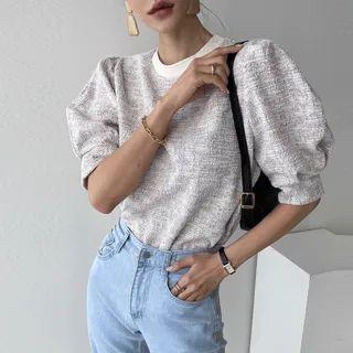 Puff-sleeve Tweed Sweatshirt