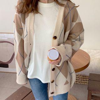 V-neck Boxy Argyle Cardigan Beige - One Size