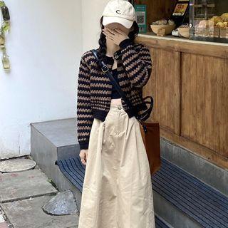Striped Cropped Cardigan / Plain Midi A-line Skirt