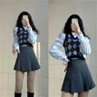 Plain Shirt / Argyle Sweater Vest / Pleated Mini A-line Skirt