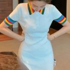 Short-sleeve Striped Mini Sheath Knit Polo Dress