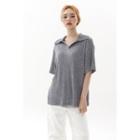 Collared Slit-side Ribbed Knit Top Gray - One Size