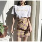 Set: Short-sleeve Lettering T-shirt + Plaid Mini Skirt