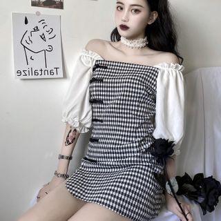 Puff-sleeve Plaid Mini Qipao Dress