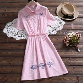 Embroidered Plaid Short-sleeve Collared Dress