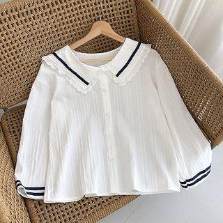 Color-block Ruffled-trim Peter-pan Collared Long-sleeve Blouse White - One Size