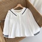 Color-block Ruffled-trim Peter-pan Collared Long-sleeve Blouse White - One Size