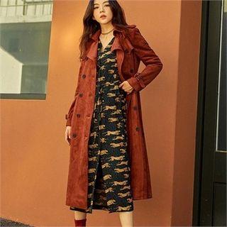 Faux-suede Long Trench Coat With Belt