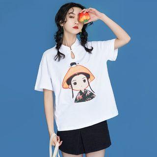 Short-sleeve Print Mandarin-neck T-shirt