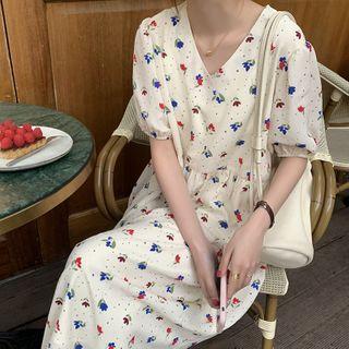 Short-sleeve Floral Print Midi Dress Almond - One Size